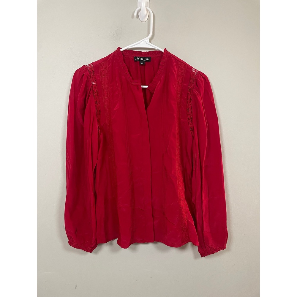 J.Crew Lace Trim Pintuck Top in Crepe de Chine in Red Size 0 Holiday Victorian